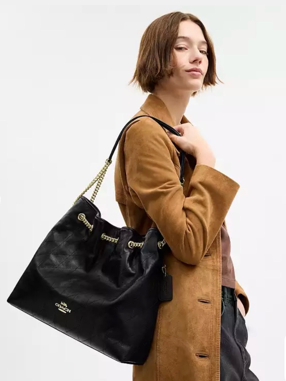 Coach Black Quilted Leather Shoulder Hobo with Gold Chain Trim (Evelyn Large) - Picture 2 of 10